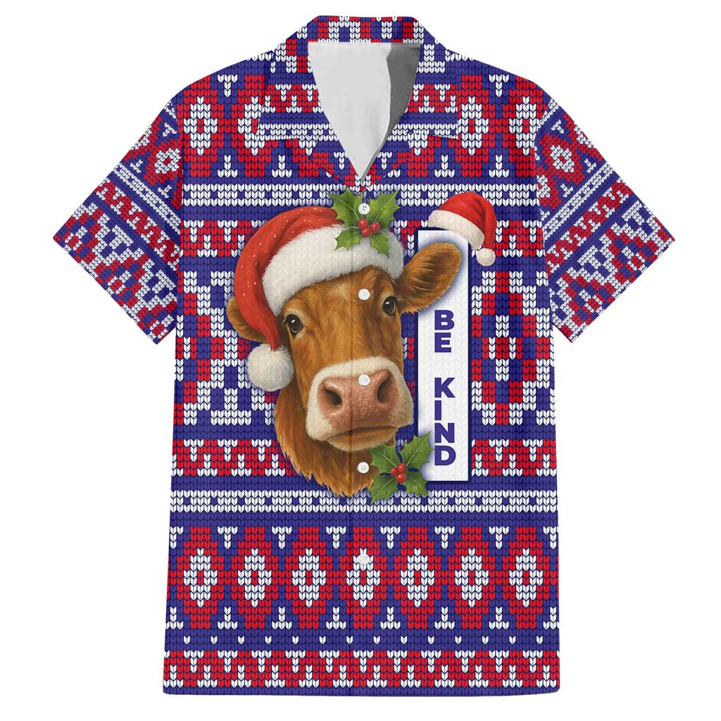 Cow in Santa Hat Be Kind Message Family Matching Puletasi and Hawaiian Shirt with Red Blue Knit Pattern Design - Wonder Print Shop