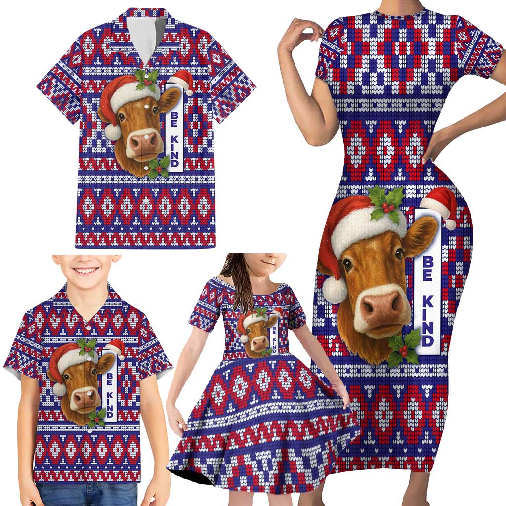 Cow in Santa Hat Be Kind Message Family Matching Short Sleeve Bodycon Dress and Hawaiian Shirt with Red Blue Knit Pattern Design - Wonder Print Shop