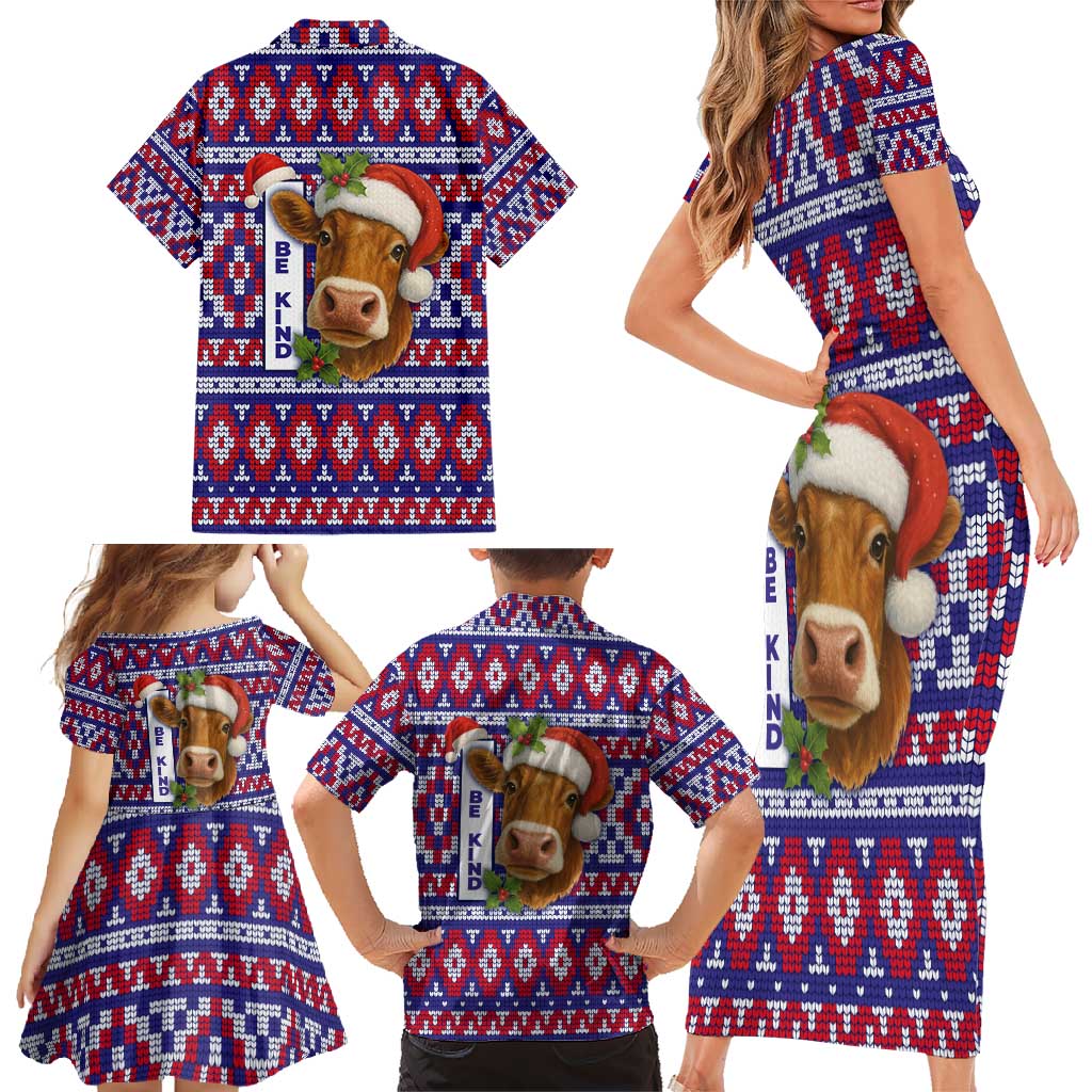 Cow in Santa Hat Be Kind Message Family Matching Short Sleeve Bodycon Dress and Hawaiian Shirt with Red Blue Knit Pattern Design - Wonder Print Shop