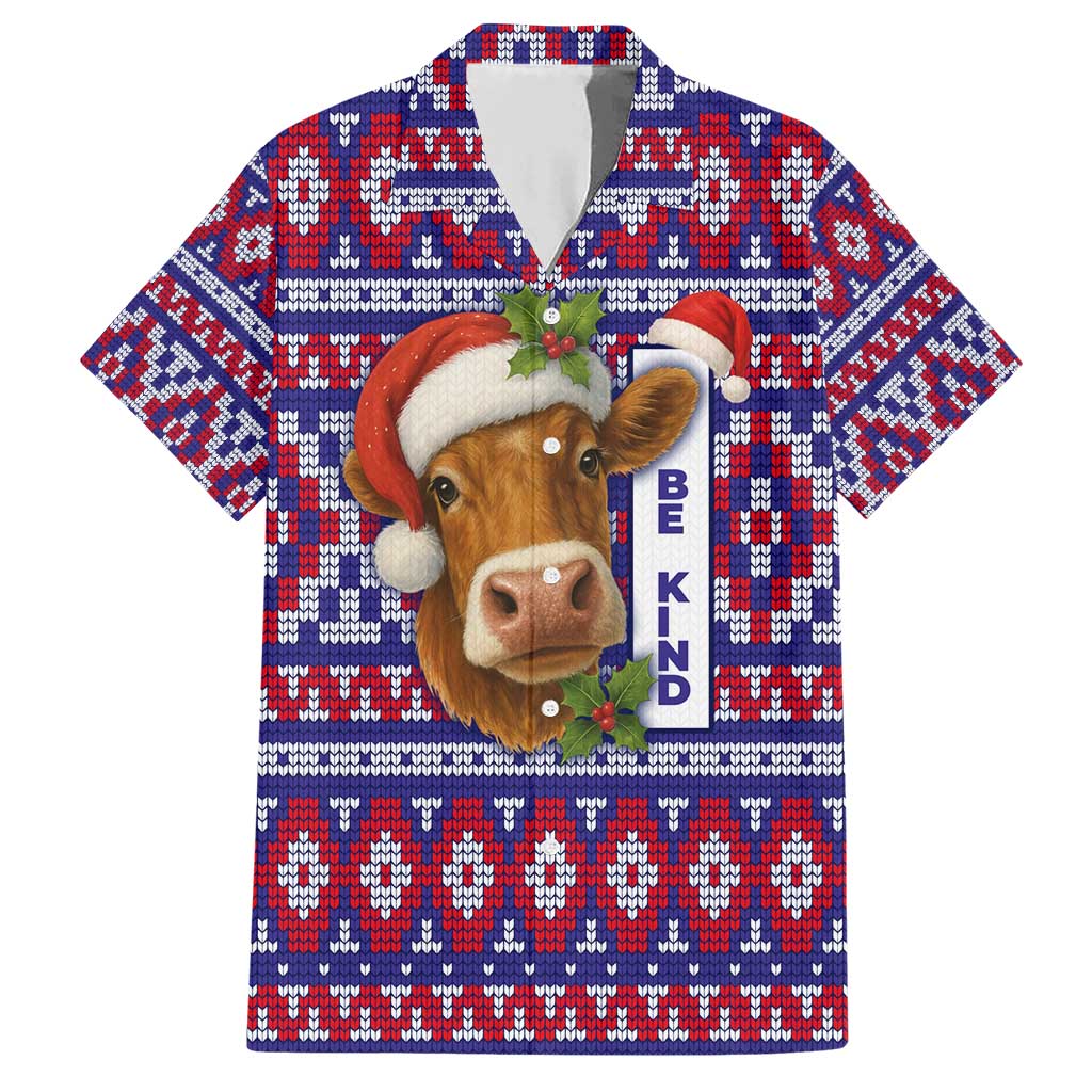 Cow in Santa Hat Be Kind Message Family Matching Short Sleeve Bodycon Dress and Hawaiian Shirt with Red Blue Knit Pattern Design - Wonder Print Shop