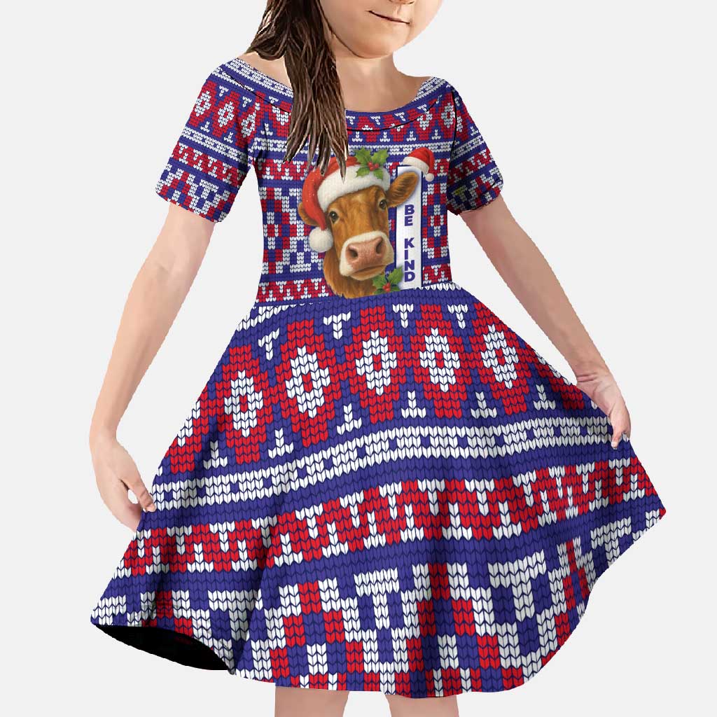 Cow in Santa Hat Be Kind Message Family Matching Summer Maxi Dress and Hawaiian Shirt with Red Blue Knit Pattern Design - Wonder Print Shop