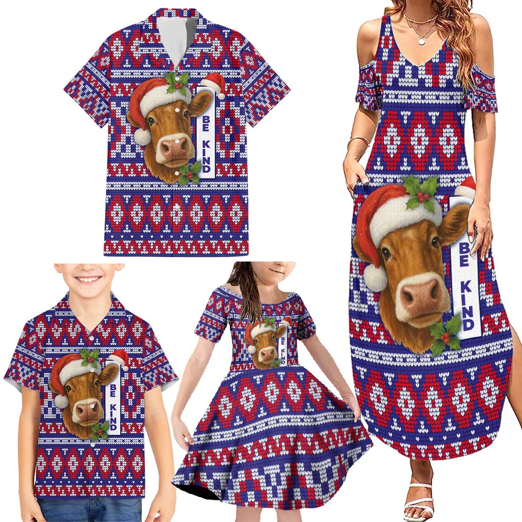 Cow in Santa Hat Be Kind Message Family Matching Summer Maxi Dress and Hawaiian Shirt with Red Blue Knit Pattern Design - Wonder Print Shop