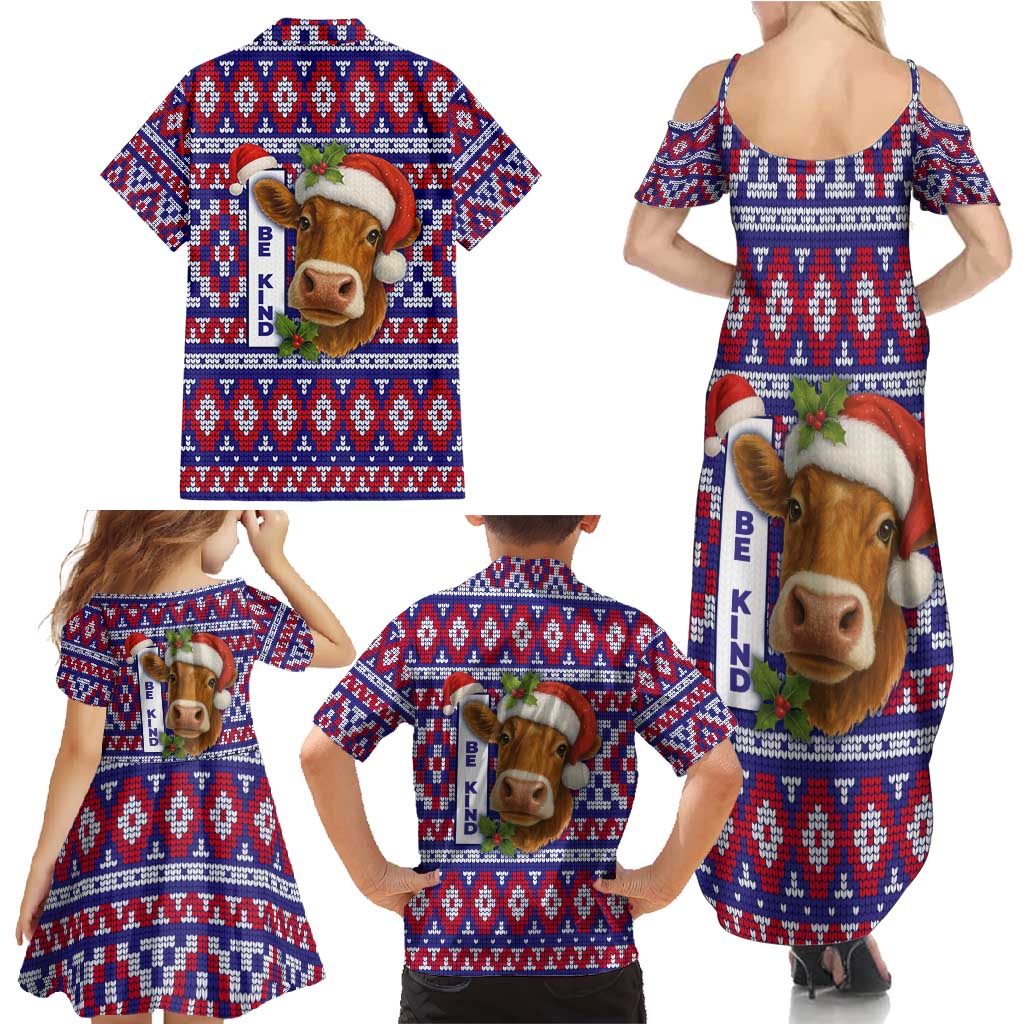 Cow in Santa Hat Be Kind Message Family Matching Summer Maxi Dress and Hawaiian Shirt with Red Blue Knit Pattern Design - Wonder Print Shop
