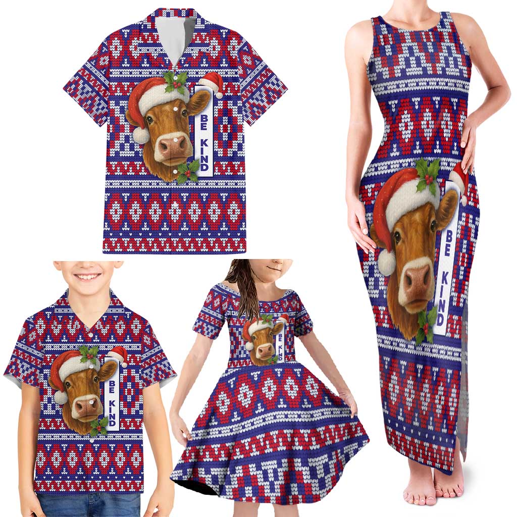 Cow in Santa Hat Be Kind Message Family Matching Tank Maxi Dress and Hawaiian Shirt with Red Blue Knit Pattern Design - Wonder Print Shop