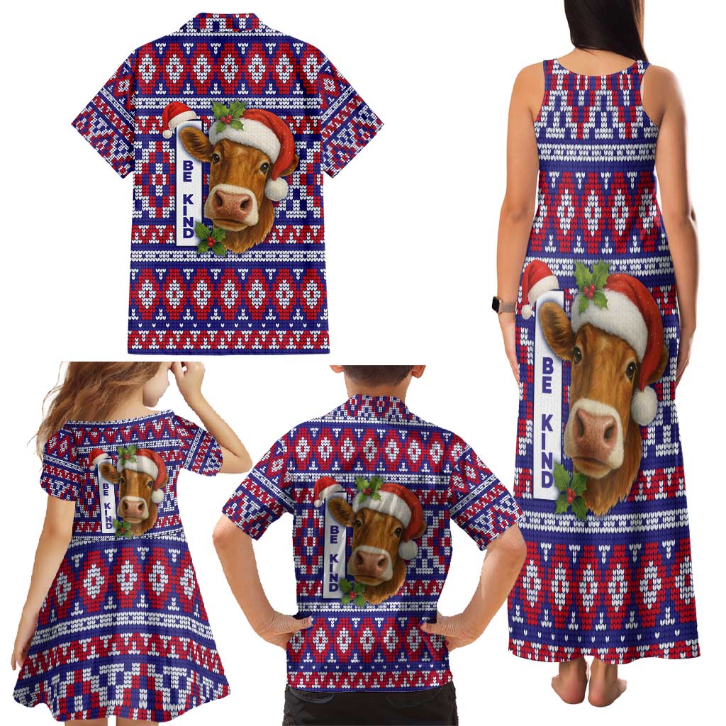 Cow in Santa Hat Be Kind Message Family Matching Tank Maxi Dress and Hawaiian Shirt with Red Blue Knit Pattern Design - Wonder Print Shop