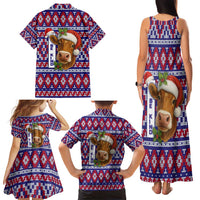 Cow in Santa Hat Be Kind Message Family Matching Tank Maxi Dress and Hawaiian Shirt with Red Blue Knit Pattern Design - Wonder Print Shop