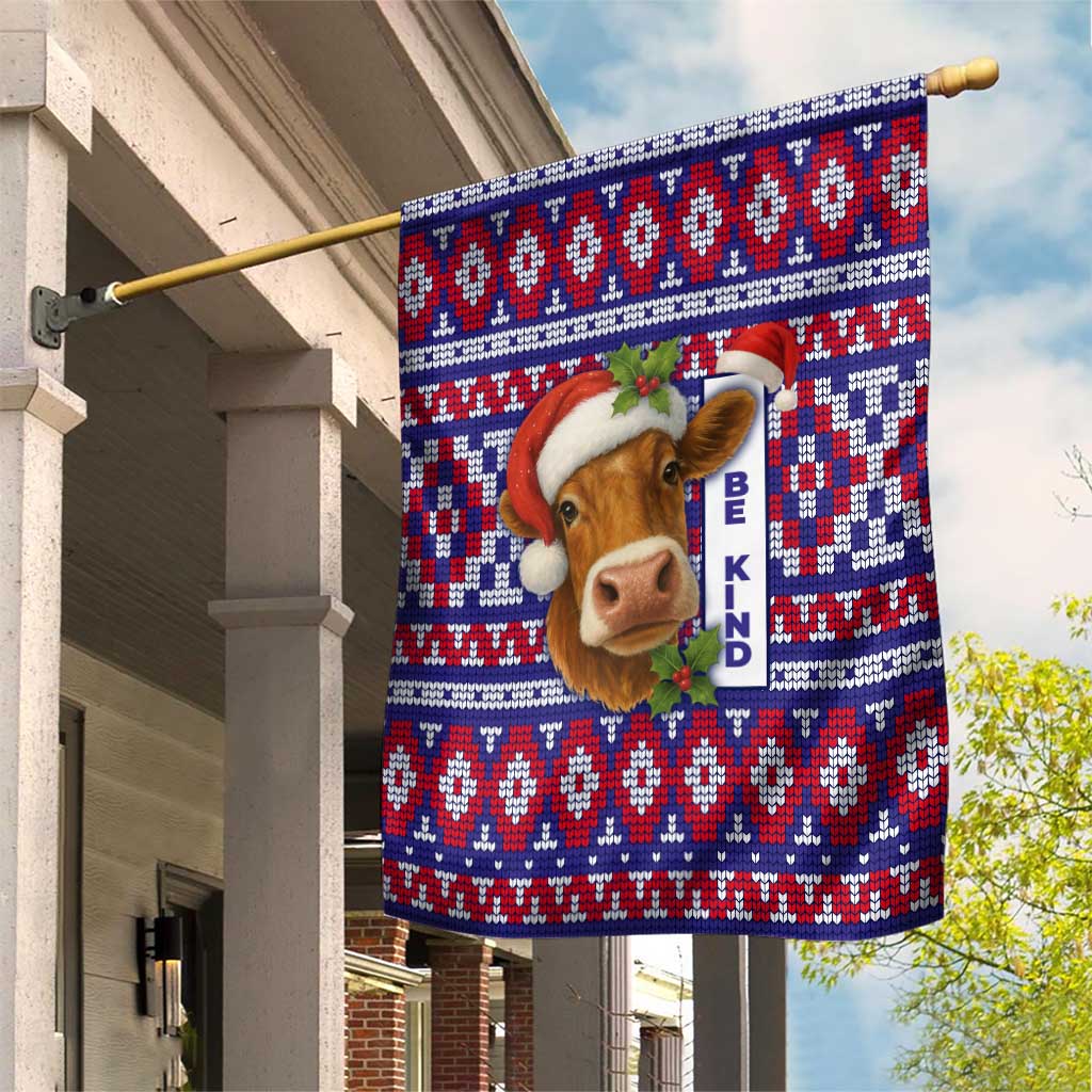 Cow in Santa Hat Be Kind Message Garden Flag with Red Blue Knit Pattern Design - Wonder Print Shop
