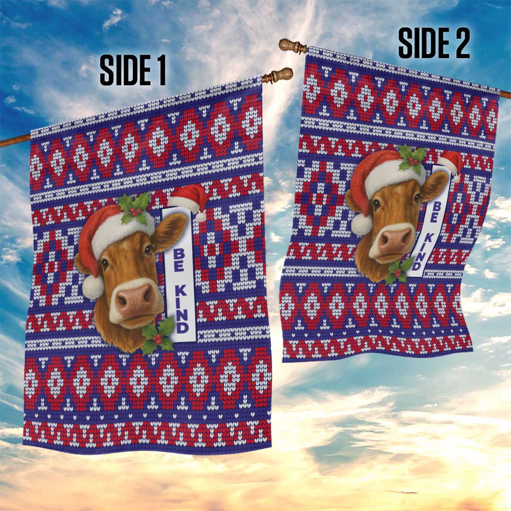 Cow in Santa Hat Be Kind Message Garden Flag with Red Blue Knit Pattern Design - Wonder Print Shop