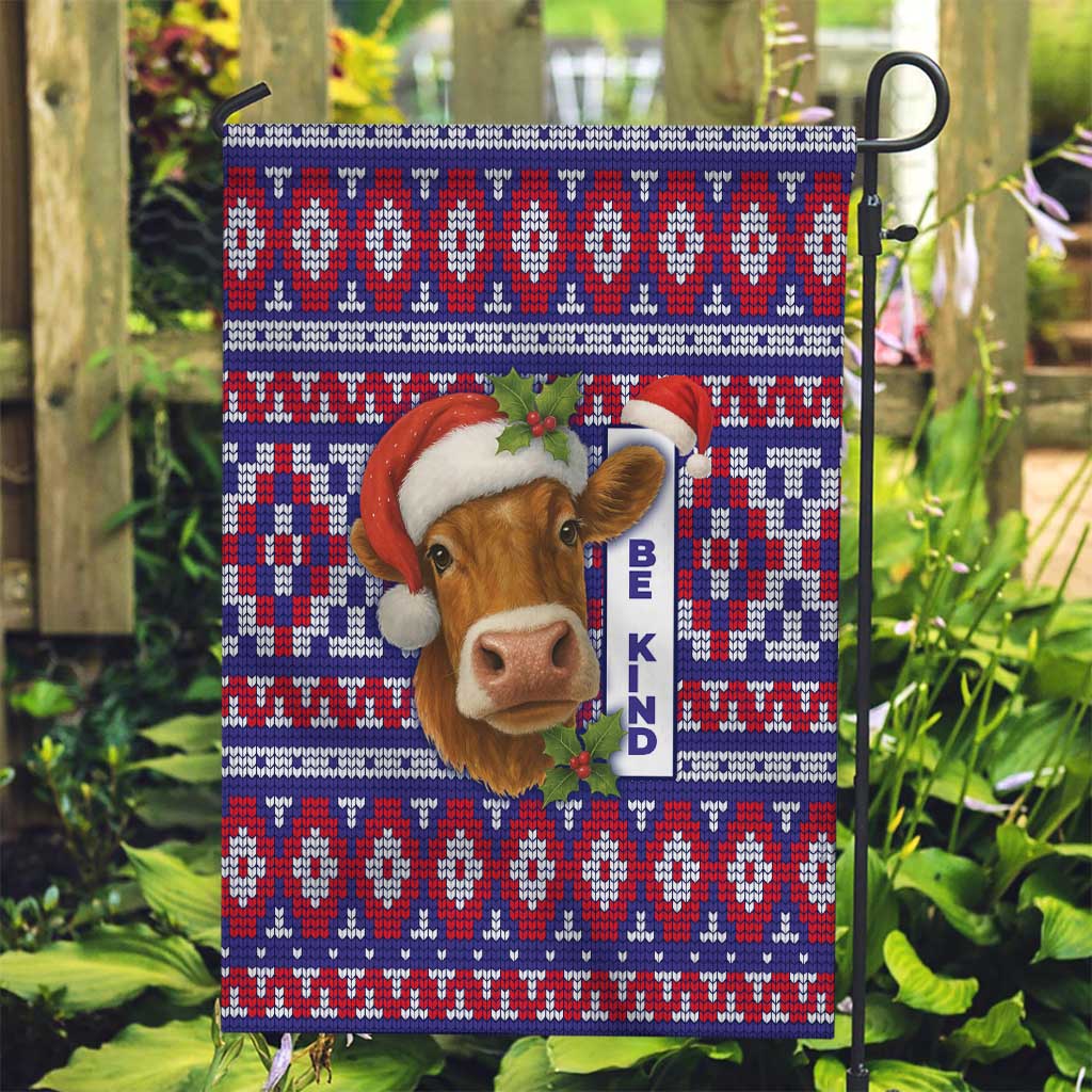 Cow in Santa Hat Be Kind Message Garden Flag with Red Blue Knit Pattern Design - Wonder Print Shop