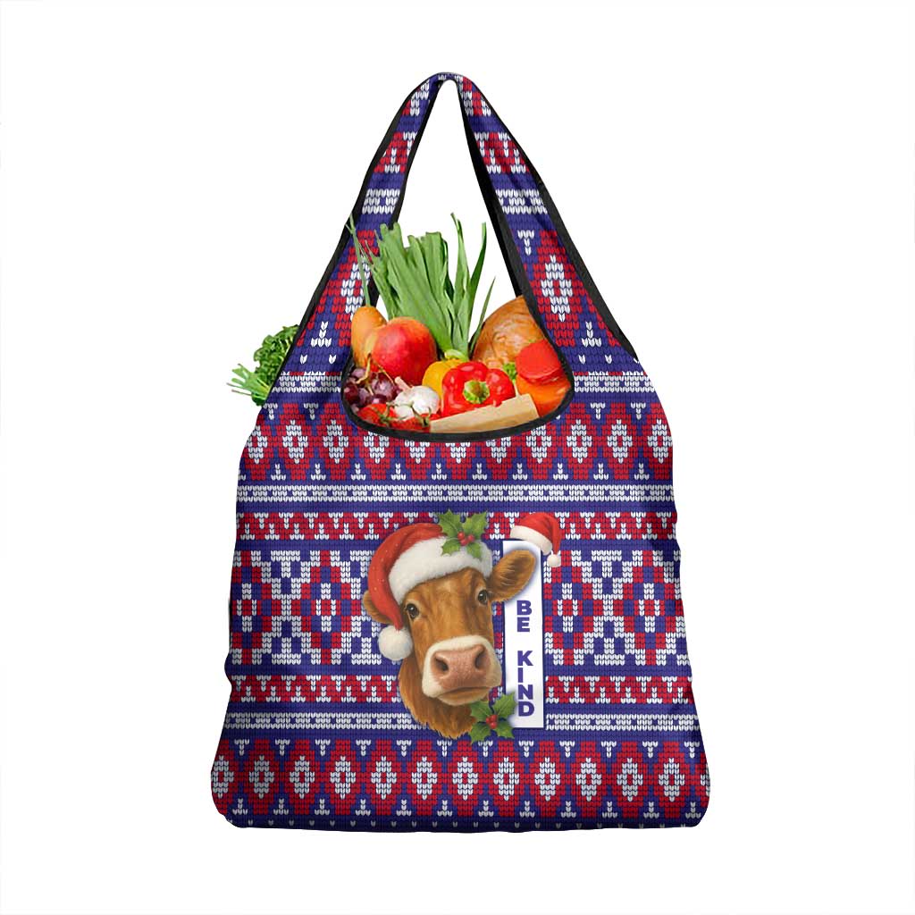 Cow in Santa Hat Be Kind Message Grocery Bag with Red Blue Knit Pattern Design - Wonder Print Shop
