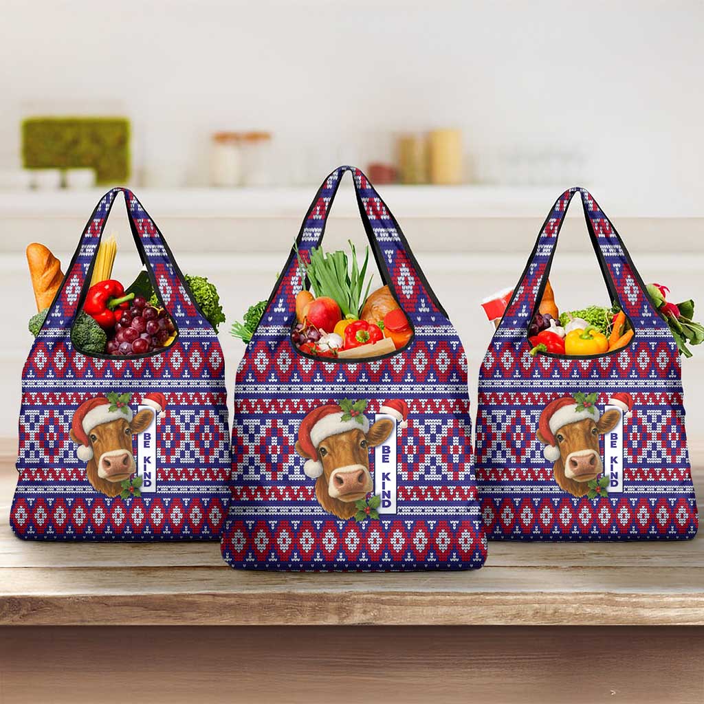 Cow in Santa Hat Be Kind Message Grocery Bag with Red Blue Knit Pattern Design - Wonder Print Shop