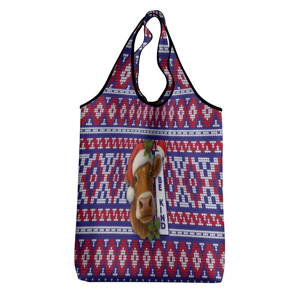 Cow in Santa Hat Be Kind Message Grocery Bag with Red Blue Knit Pattern Design - Wonder Print Shop