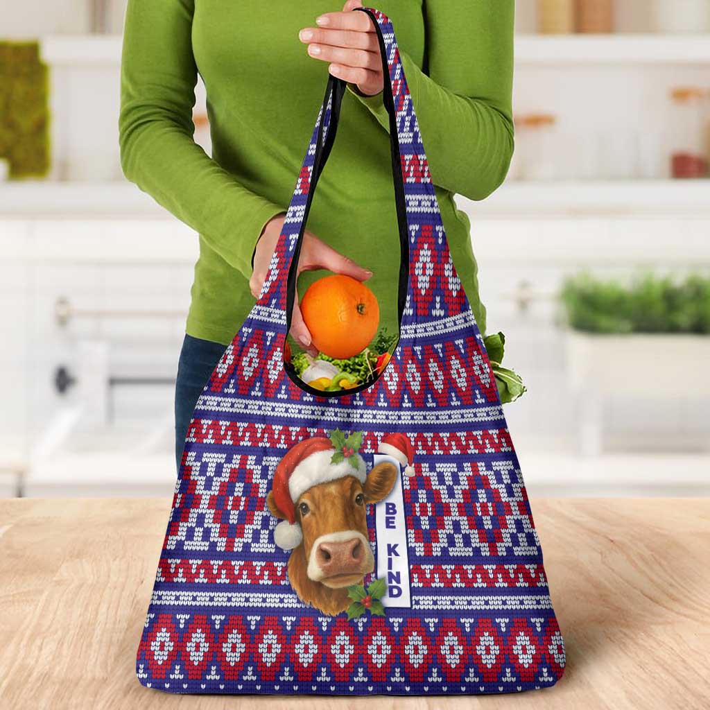 Cow in Santa Hat Be Kind Message Grocery Bag with Red Blue Knit Pattern Design - Wonder Print Shop