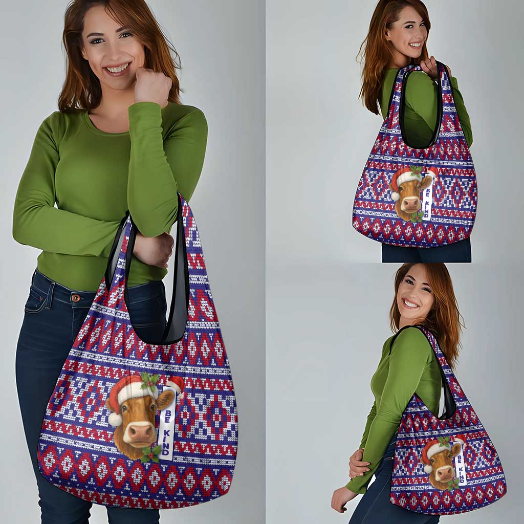 Cow in Santa Hat Be Kind Message Grocery Bag with Red Blue Knit Pattern Design - Wonder Print Shop