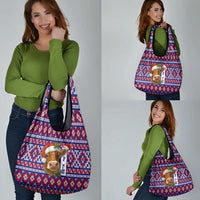 Cow in Santa Hat Be Kind Message Grocery Bag with Red Blue Knit Pattern Design - Wonder Print Shop