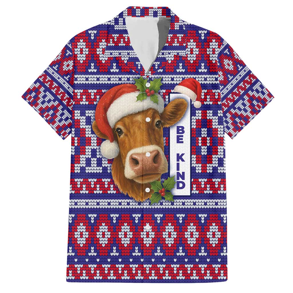 Cow in Santa Hat Be Kind Message Hawaiian Shirt with Red Blue Knit Pattern Design - Wonder Print Shop