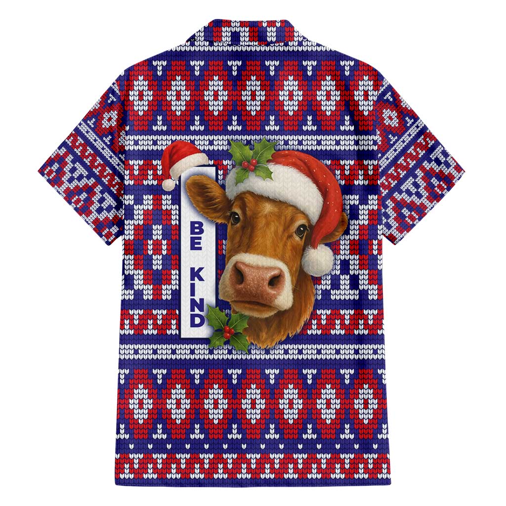 Cow in Santa Hat Be Kind Message Hawaiian Shirt with Red Blue Knit Pattern Design - Wonder Print Shop