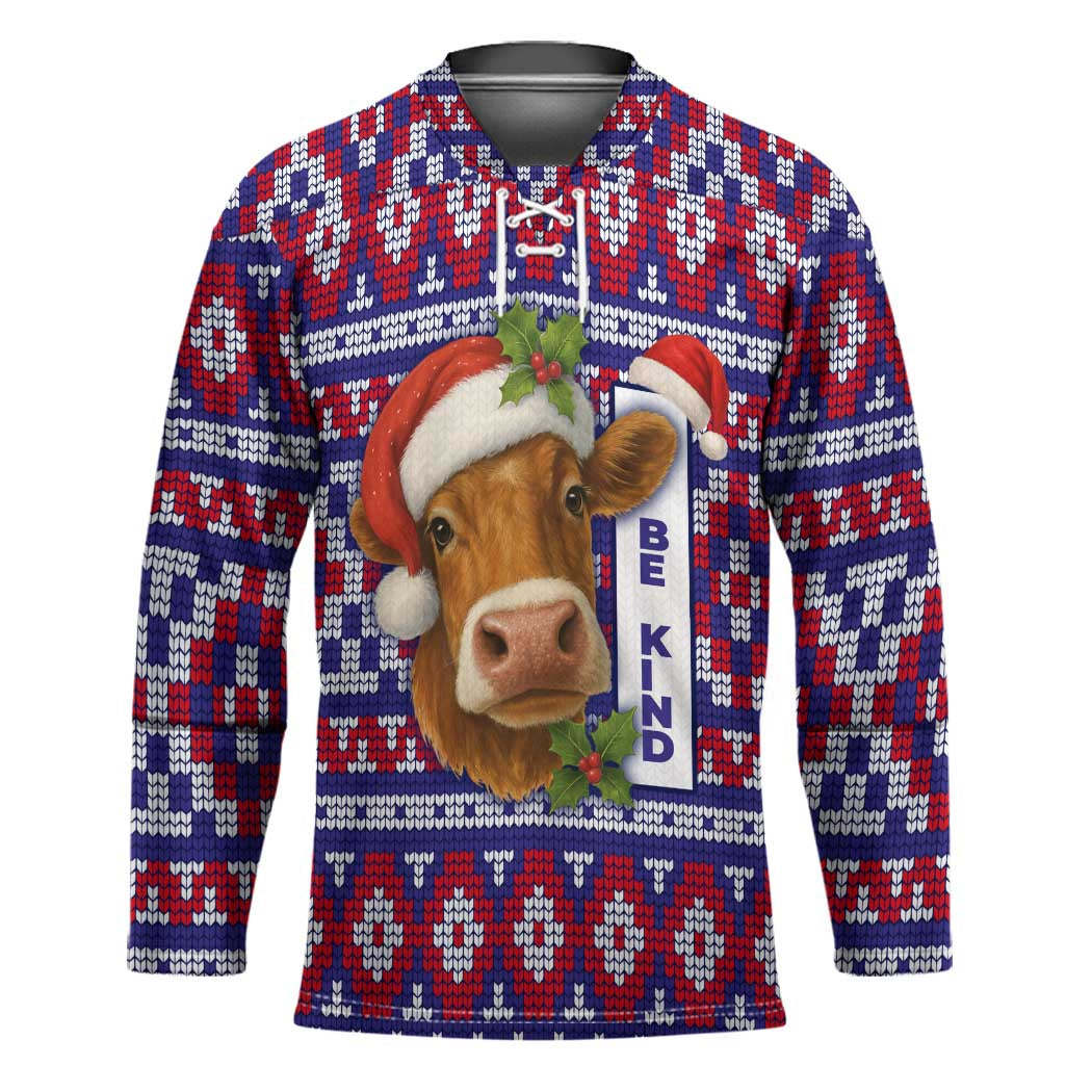 Cow in Santa Hat Be Kind Message Hockey Jersey with Red Blue Knit Pattern Design - Wonder Print Shop