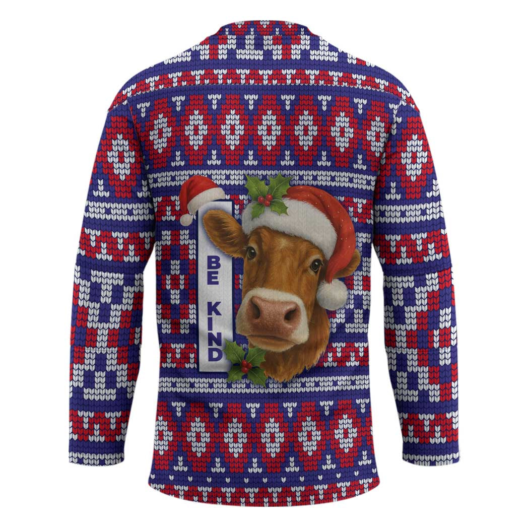 Cow in Santa Hat Be Kind Message Hockey Jersey with Red Blue Knit Pattern Design - Wonder Print Shop