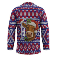 Cow in Santa Hat Be Kind Message Hockey Jersey with Red Blue Knit Pattern Design - Wonder Print Shop