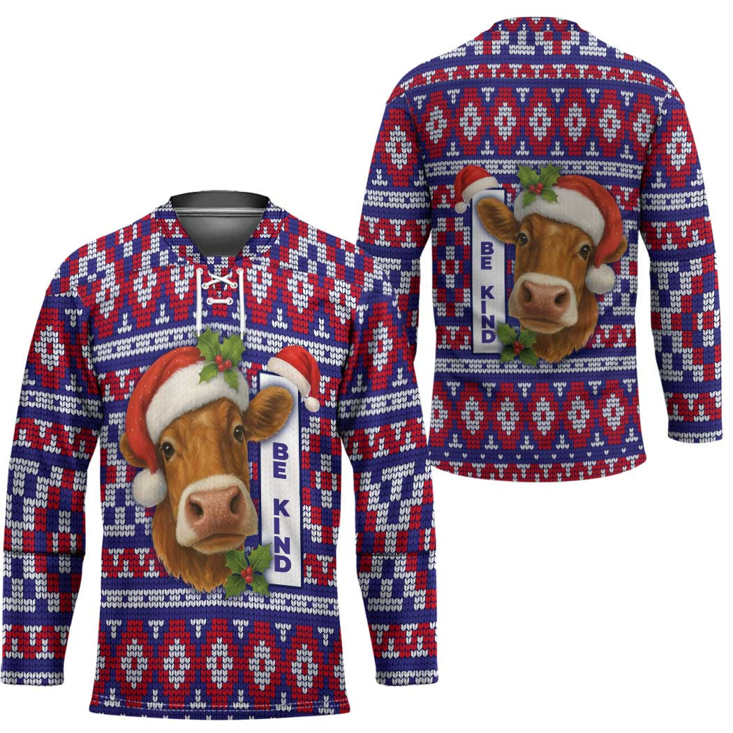 Cow in Santa Hat Be Kind Message Hockey Jersey with Red Blue Knit Pattern Design - Wonder Print Shop