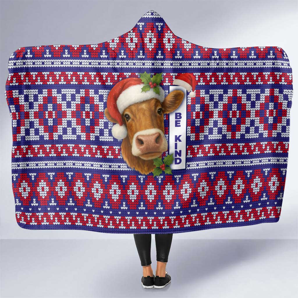 Cow in Santa Hat Be Kind Message Hooded Blanket with Red Blue Knit Pattern Design - Wonder Print Shop