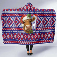 Cow in Santa Hat Be Kind Message Hooded Blanket with Red Blue Knit Pattern Design - Wonder Print Shop