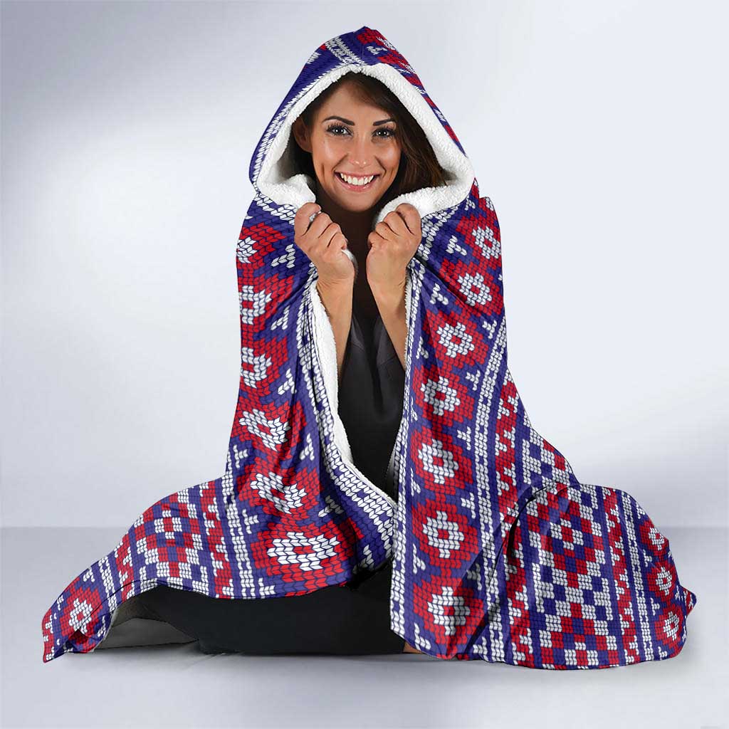 Cow in Santa Hat Be Kind Message Hooded Blanket with Red Blue Knit Pattern Design - Wonder Print Shop