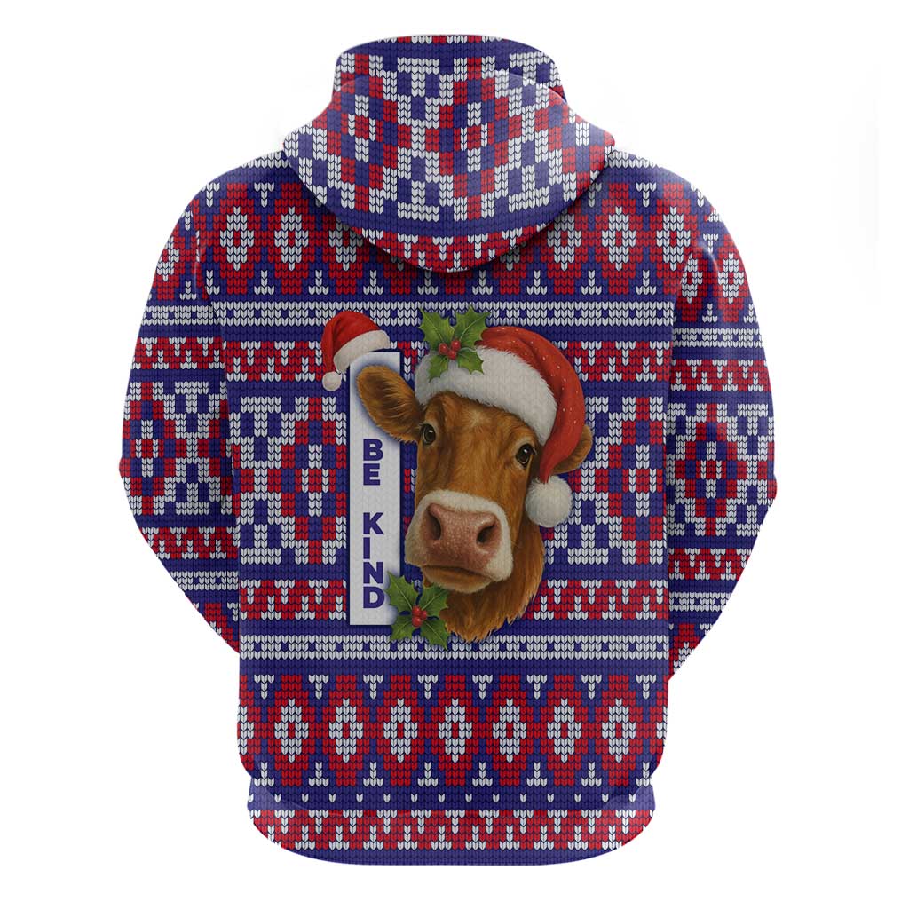Cow in Santa Hat Be Kind Message Hoodie with Red Blue Knit Pattern Design - Wonder Print Shop