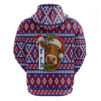 Cow in Santa Hat Be Kind Message Hoodie with Red Blue Knit Pattern Design - Wonder Print Shop