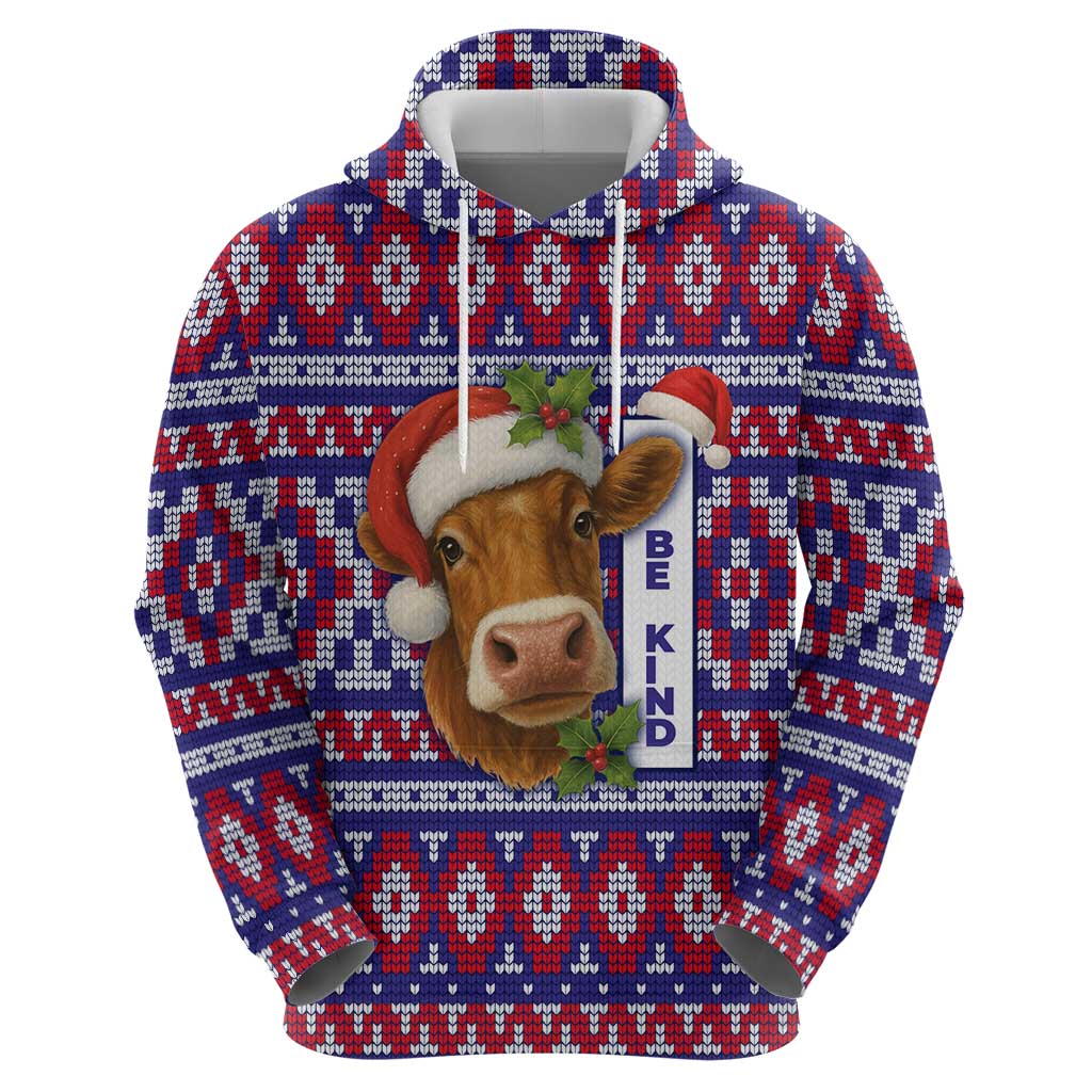 Cow in Santa Hat Be Kind Message Hoodie with Red Blue Knit Pattern Design - Wonder Print Shop
