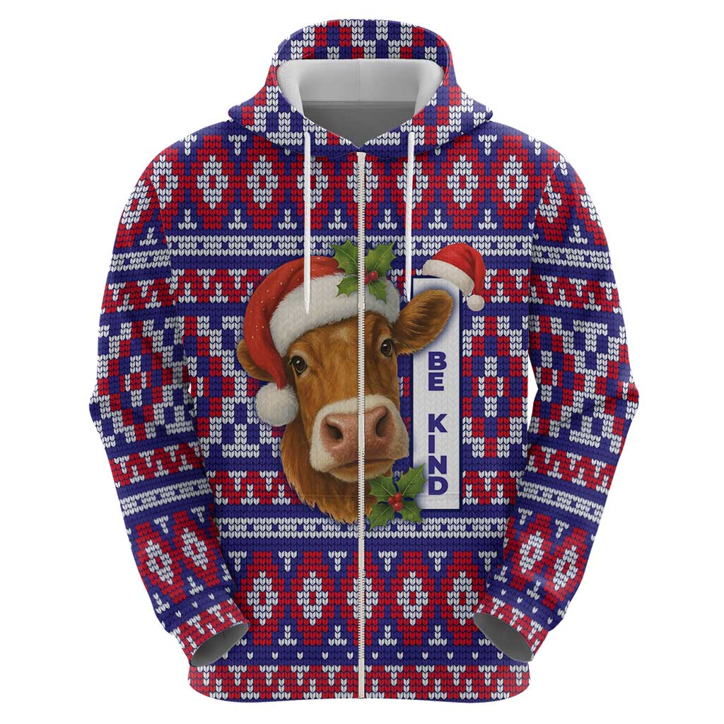 Cow in Santa Hat Be Kind Message Hoodie with Red Blue Knit Pattern Design - Wonder Print Shop