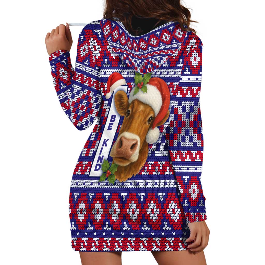 Cow in Santa Hat Be Kind Message Hoodie Dress with Red Blue Knit Pattern Design - Wonder Print Shop