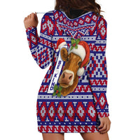 Cow in Santa Hat Be Kind Message Hoodie Dress with Red Blue Knit Pattern Design - Wonder Print Shop