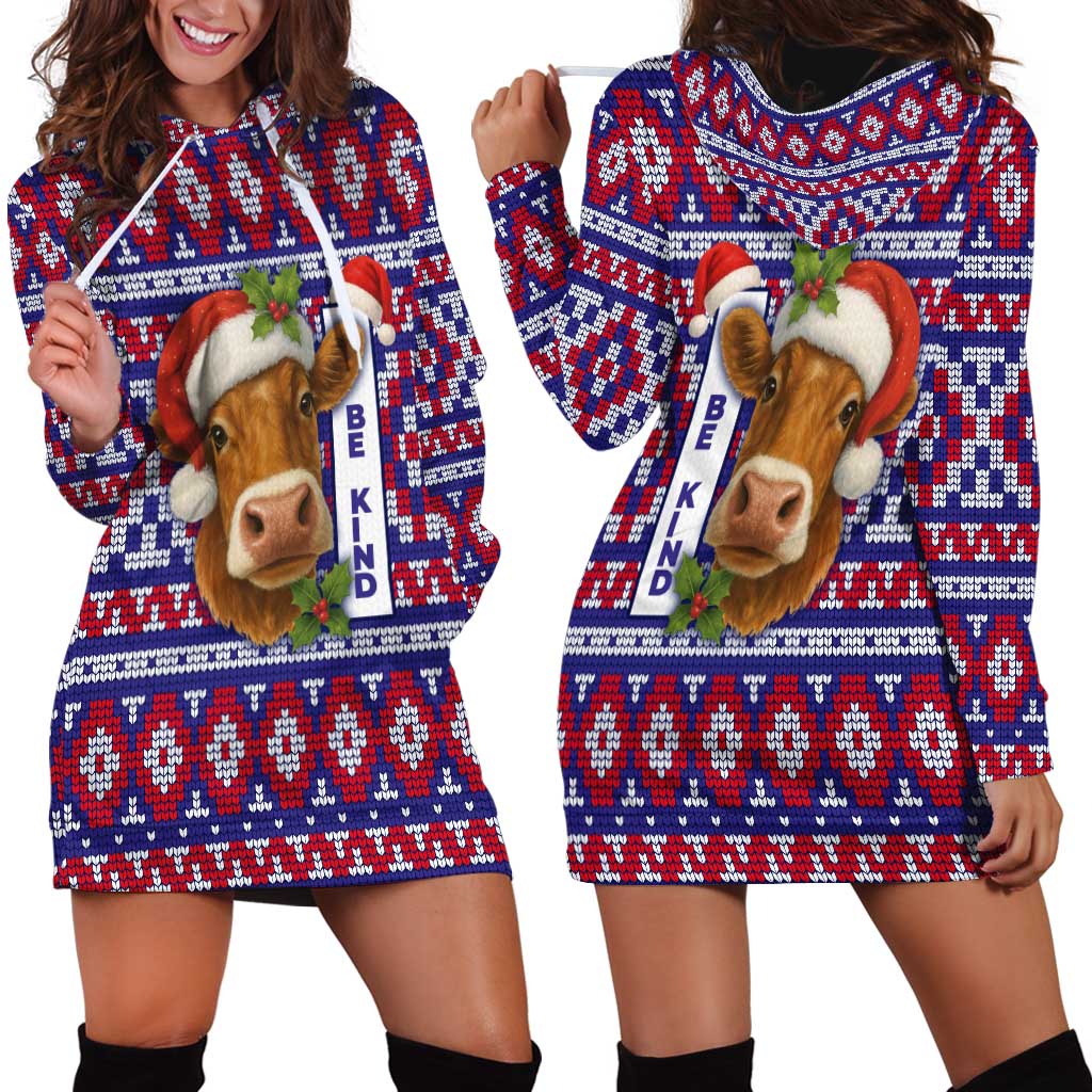 Cow in Santa Hat Be Kind Message Hoodie Dress with Red Blue Knit Pattern Design - Wonder Print Shop