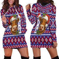 Cow in Santa Hat Be Kind Message Hoodie Dress with Red Blue Knit Pattern Design - Wonder Print Shop