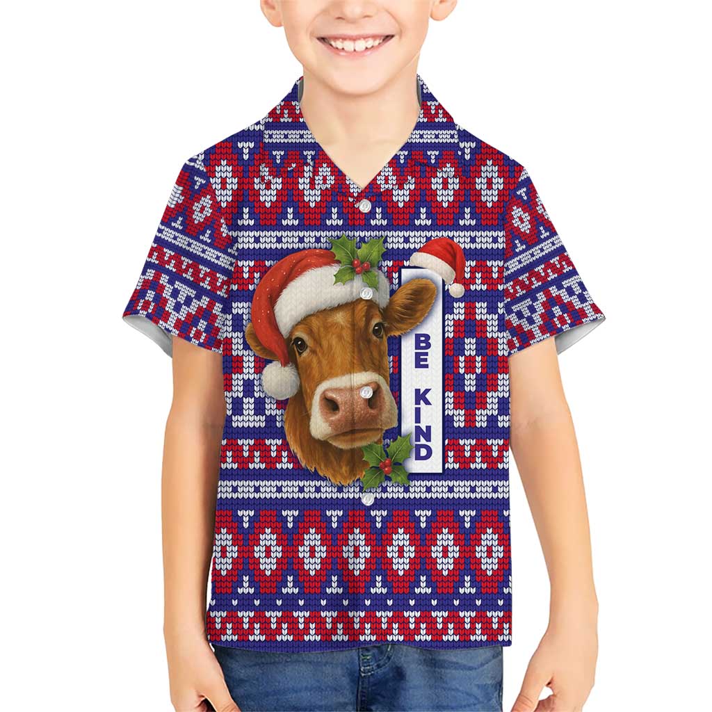 Cow in Santa Hat Be Kind Message Kid Hawaiian Shirt with Red Blue Knit Pattern Design - Wonder Print Shop