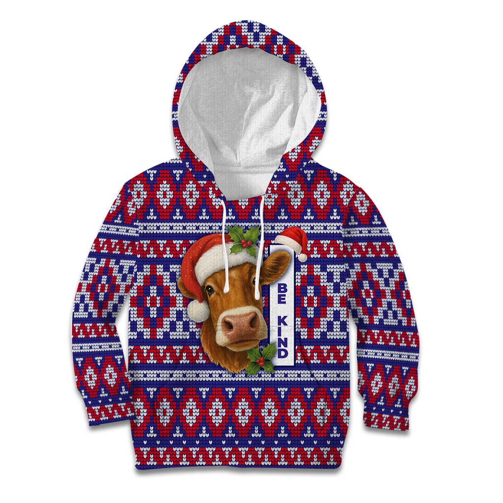 Cow in Santa Hat Be Kind Message Kid Hoodie with Red Blue Knit Pattern Design - Wonder Print Shop