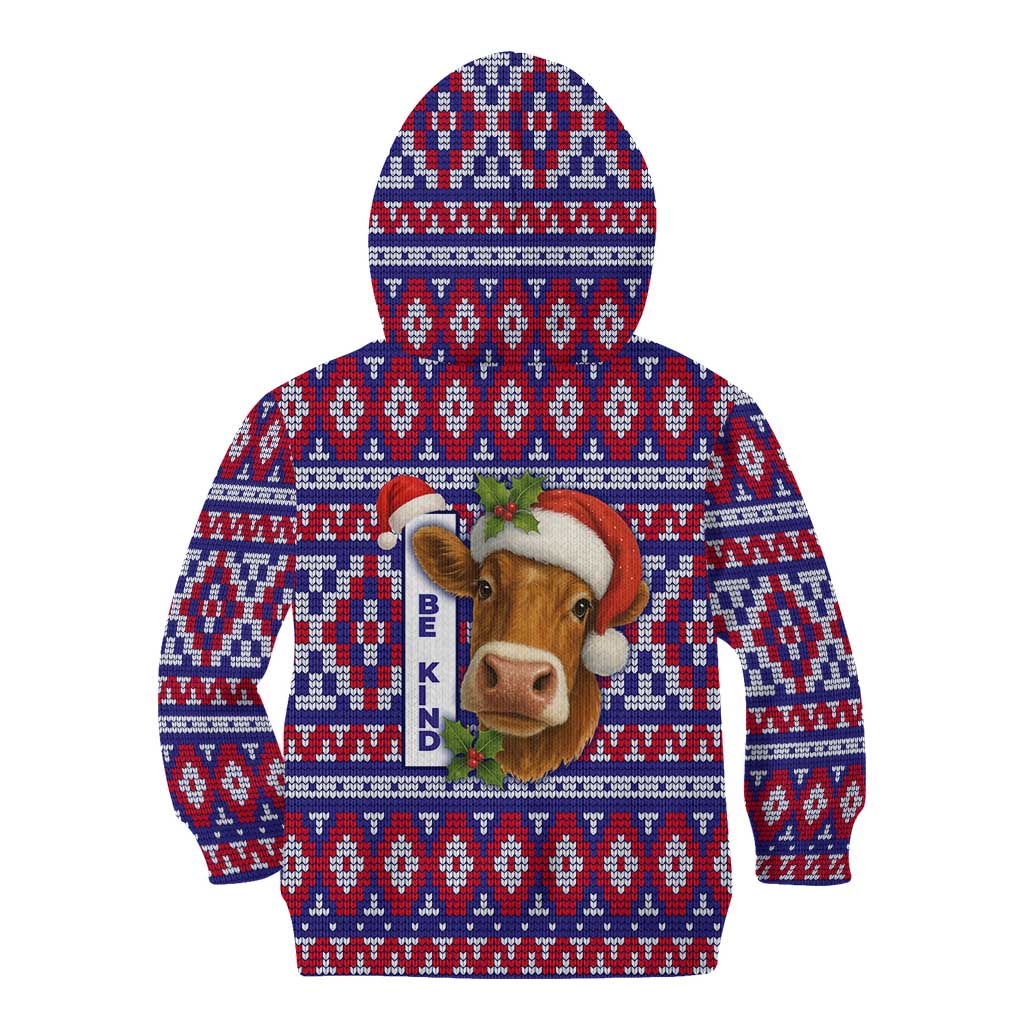 Cow in Santa Hat Be Kind Message Kid Hoodie with Red Blue Knit Pattern Design - Wonder Print Shop