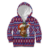 Cow in Santa Hat Be Kind Message Kid Hoodie with Red Blue Knit Pattern Design - Wonder Print Shop