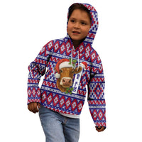 Cow in Santa Hat Be Kind Message Kid Hoodie with Red Blue Knit Pattern Design - Wonder Print Shop