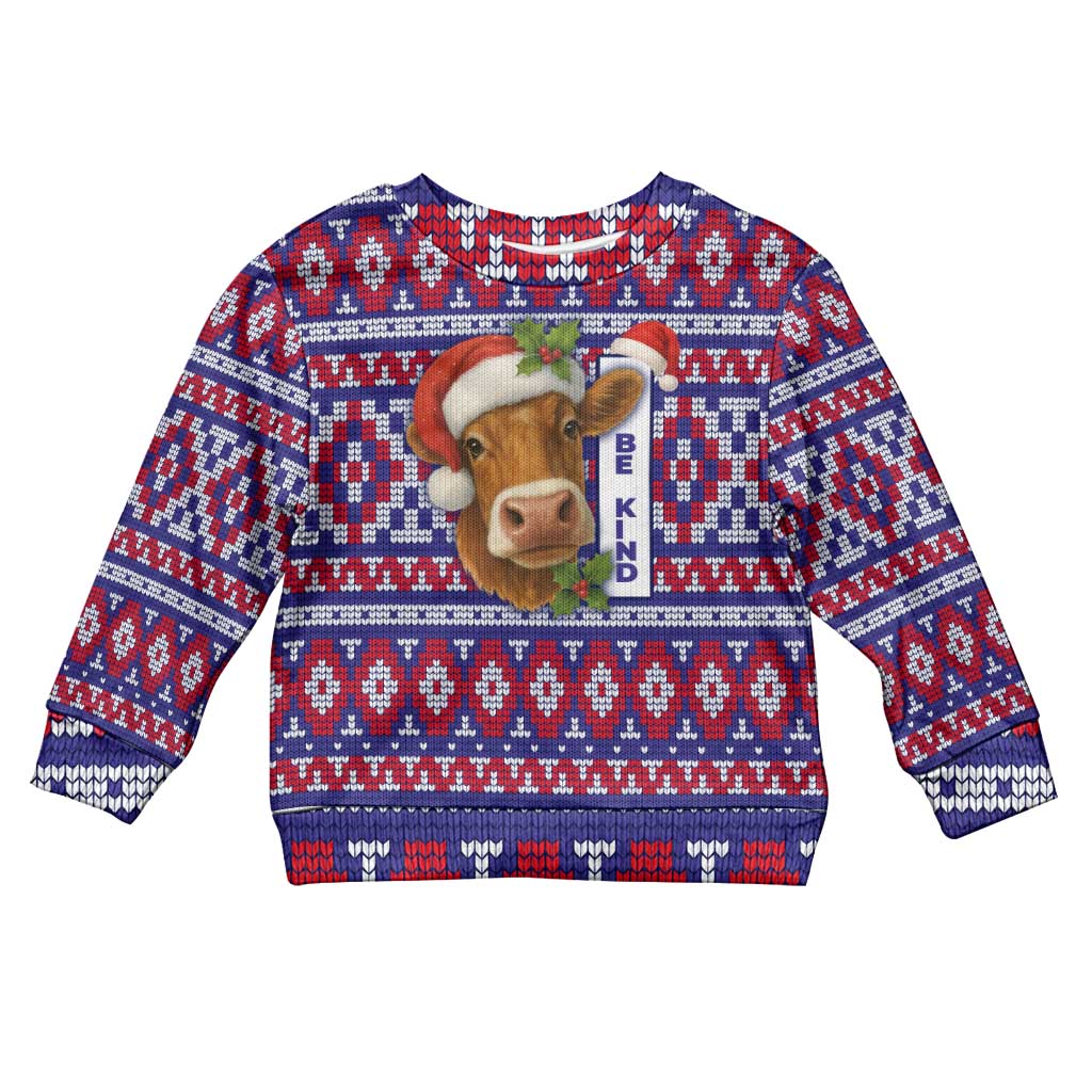 Cow in Santa Hat Be Kind Message Kid Ugly Christmas Sweater with Red Blue Knit Pattern Design - Wonder Print Shop