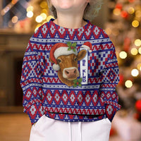Cow in Santa Hat Be Kind Message Kid Ugly Christmas Sweater with Red Blue Knit Pattern Design - Wonder Print Shop
