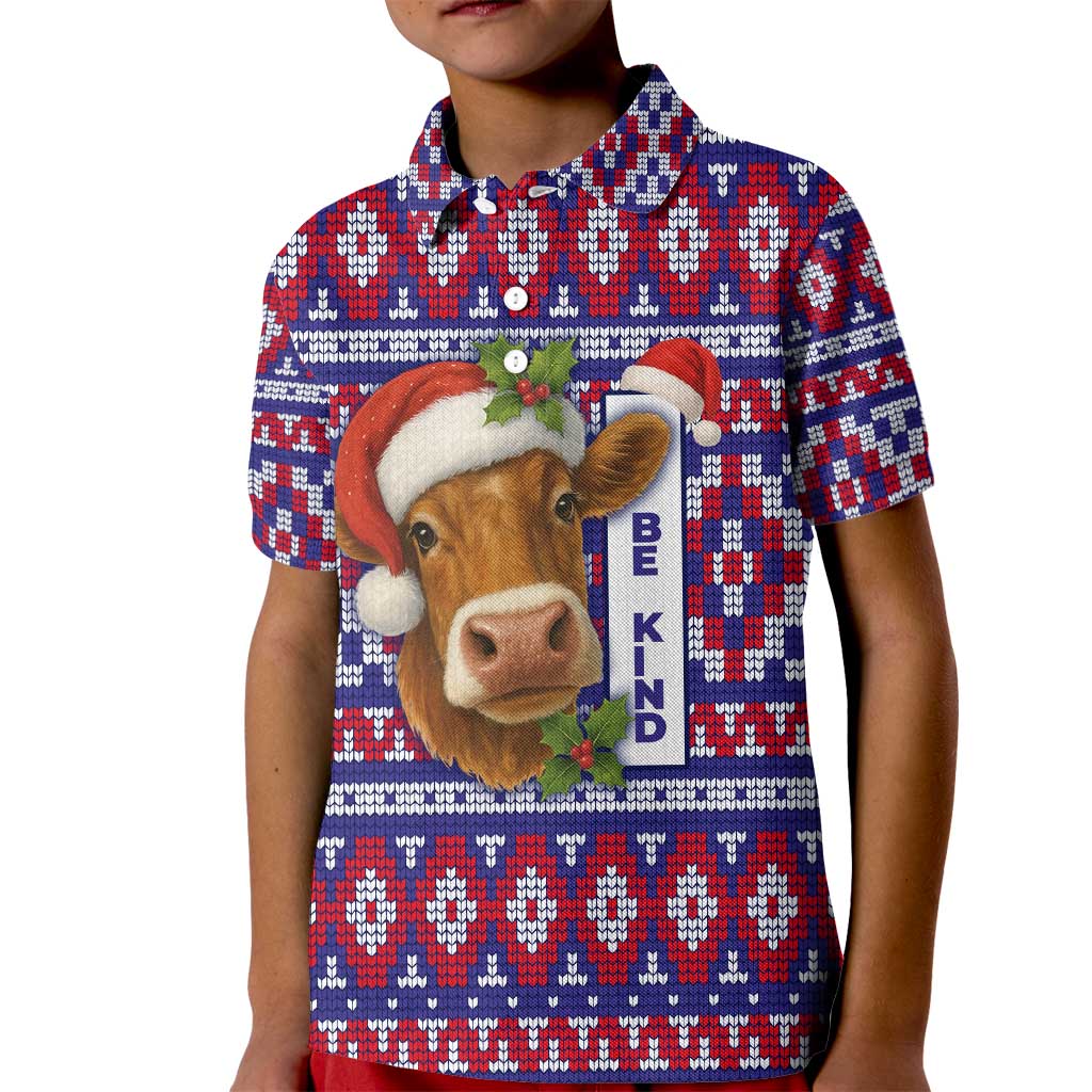 Cow in Santa Hat Be Kind Message Kid Polo Shirt with Red Blue Knit Pattern Design - Wonder Print Shop