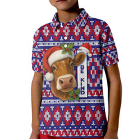 Cow in Santa Hat Be Kind Message Kid Polo Shirt with Red Blue Knit Pattern Design - Wonder Print Shop