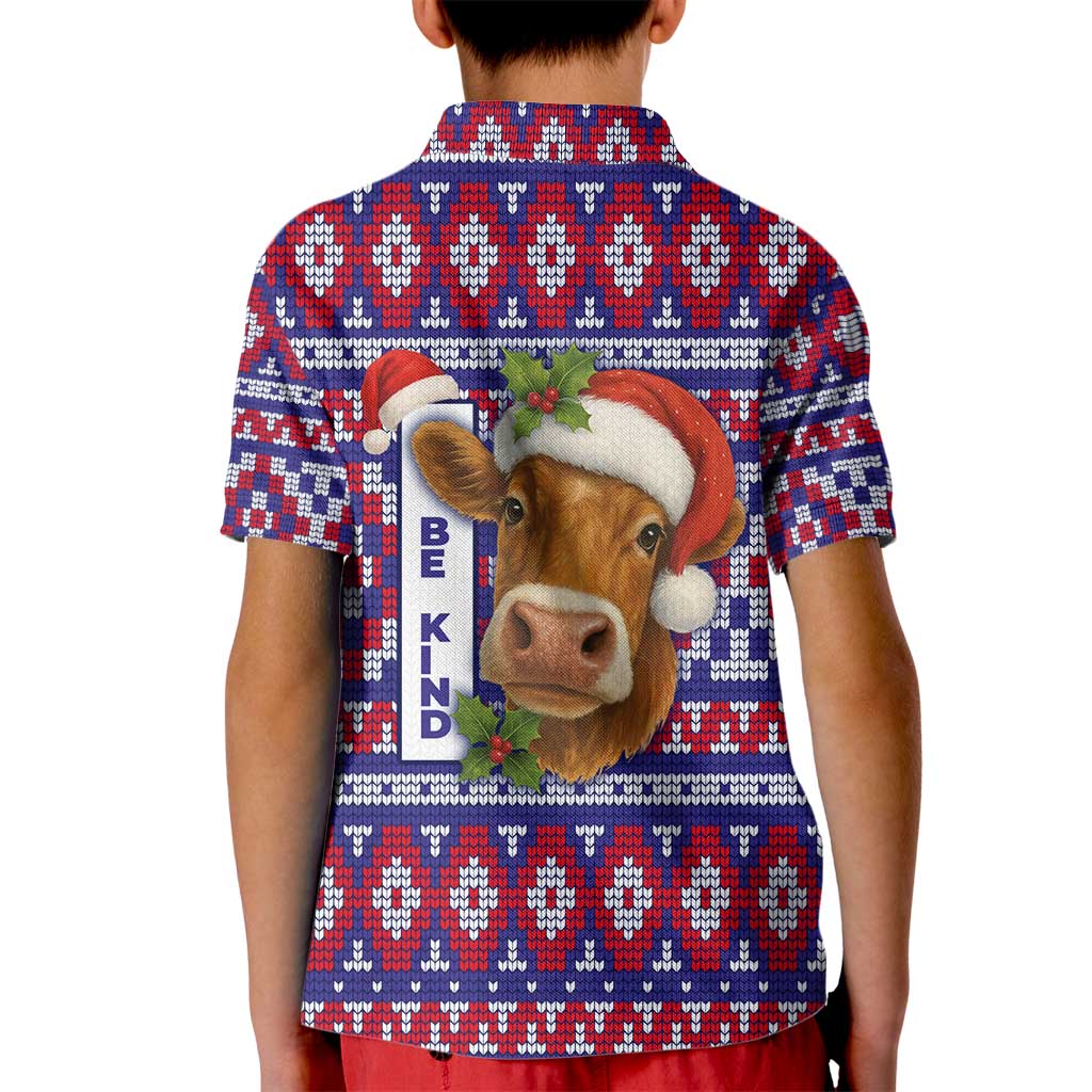 Cow in Santa Hat Be Kind Message Kid Polo Shirt with Red Blue Knit Pattern Design - Wonder Print Shop
