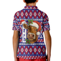 Cow in Santa Hat Be Kind Message Kid Polo Shirt with Red Blue Knit Pattern Design - Wonder Print Shop