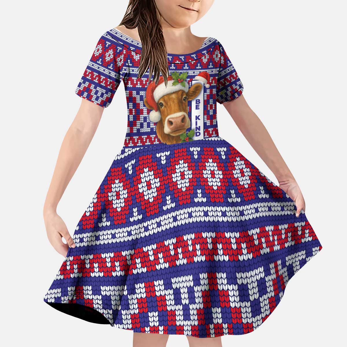 Cow in Santa Hat Be Kind Message Kid Short Sleeve Dress with Red Blue Knit Pattern Design - Wonder Print Shop