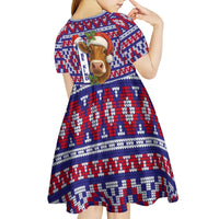 Cow in Santa Hat Be Kind Message Kid Short Sleeve Dress with Red Blue Knit Pattern Design - Wonder Print Shop