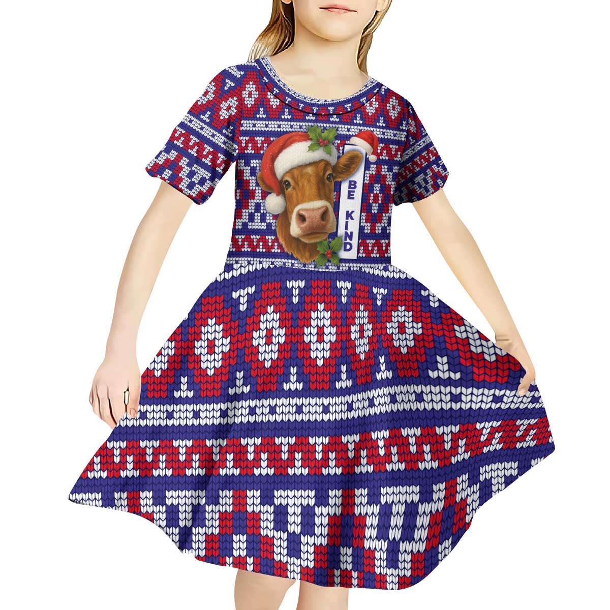 Cow in Santa Hat Be Kind Message Kid Short Sleeve Dress with Red Blue Knit Pattern Design - Wonder Print Shop